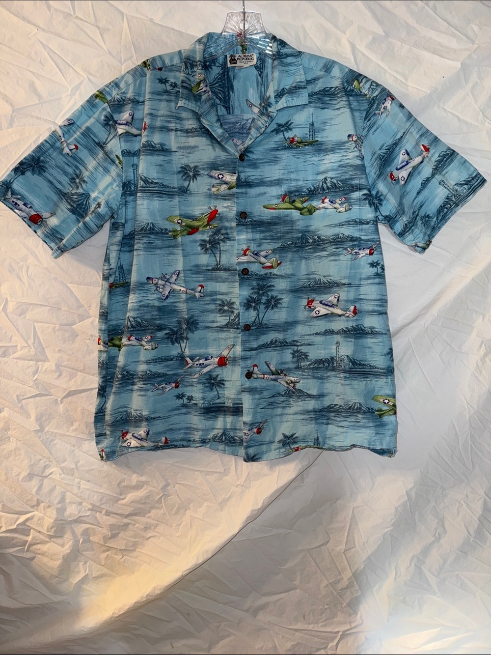 Vintage Aloha Republic Light Blue Short-Sleeve Airplane Hawaiian Button-Down